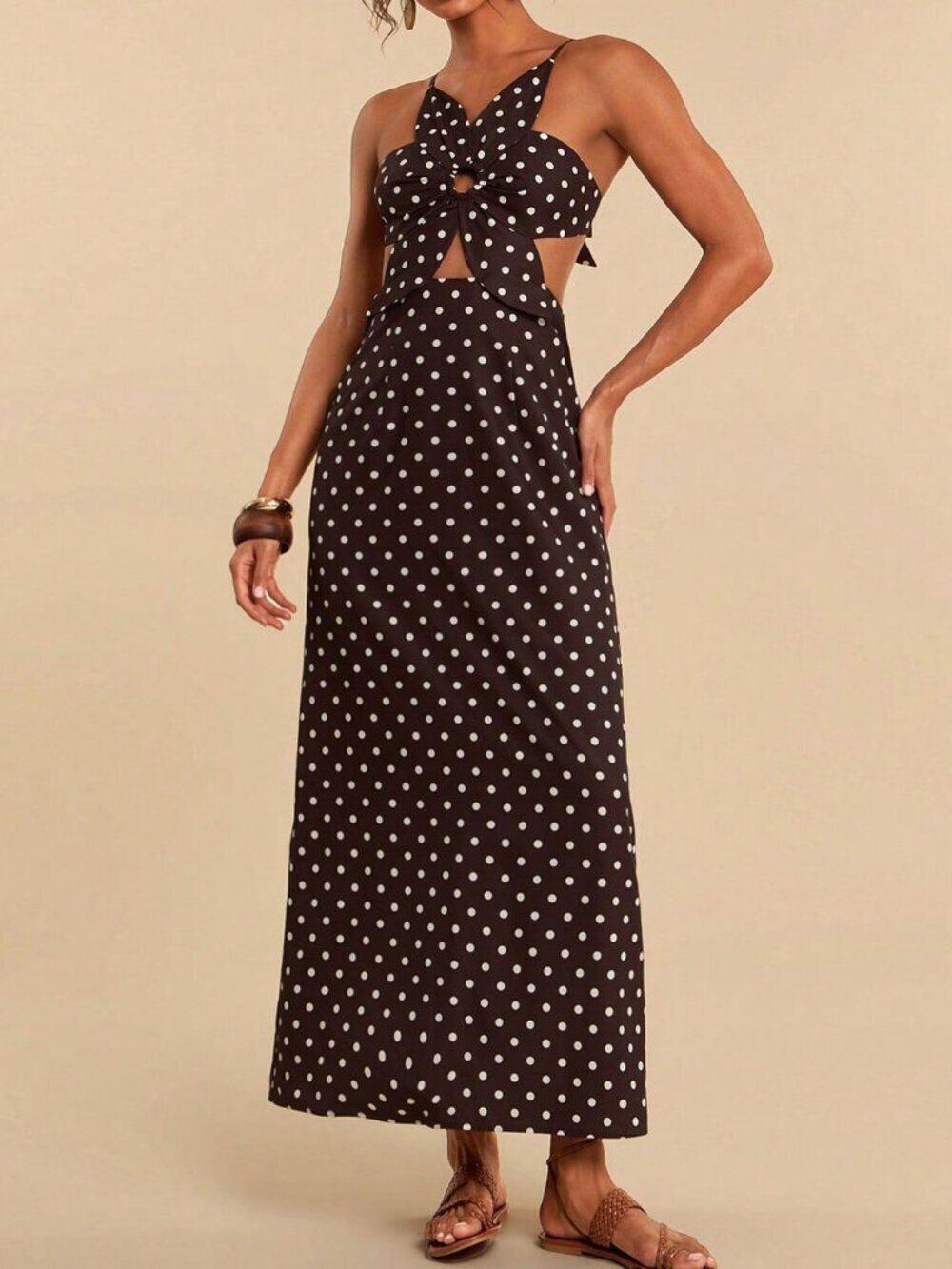 Brown Casual Women's Polka Dot Print Backless Tie Back Spaghetti Strap Dress